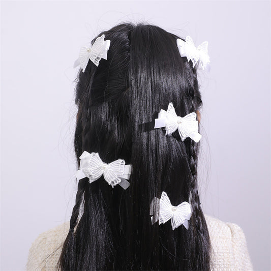 Minimalist White Organza Embroidered Bow Hair Clip Set for Kids with Pearl Accents