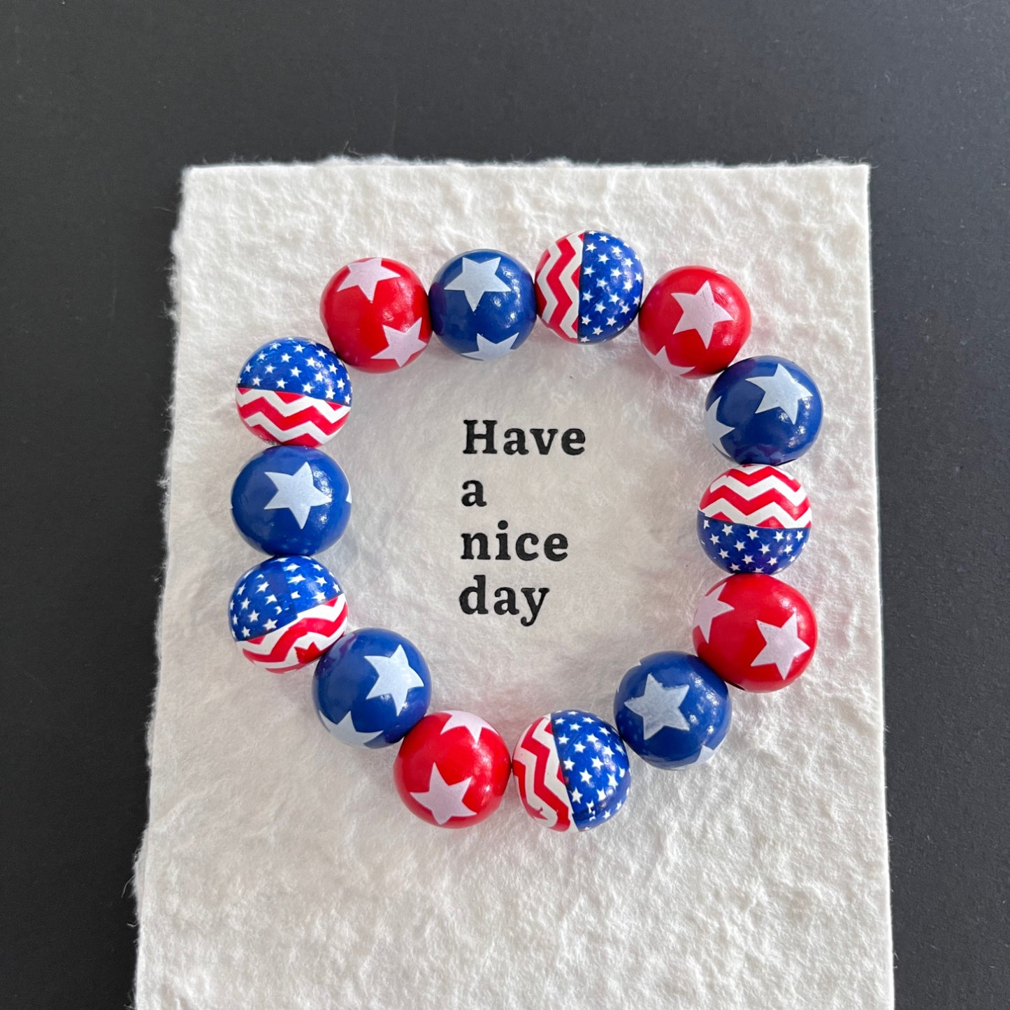 Striped Star Round Wood Beaded Bracelet Charm Bar Unisex