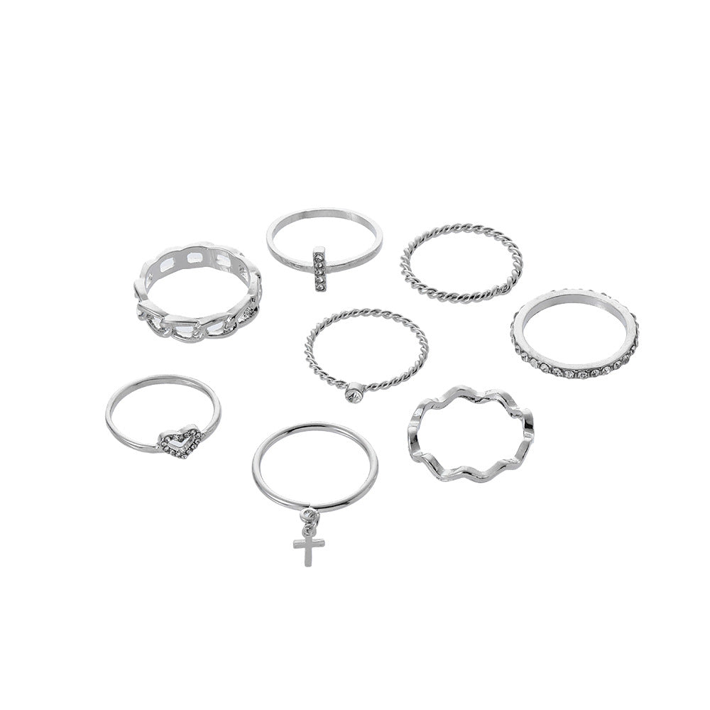 Minimalist Sweet Silver Plated Geometric Cross Heart Crystal Rhinestone Ring Set for Women