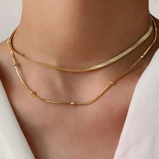 Minimalist Double-Layer Flat Snake Chain Necklace Set in Titanium Steel with Gold Plating for Women