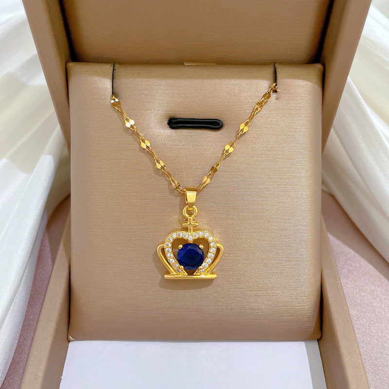Luxury Blue Crown Pendant Necklace for Women Titanium Steel Geometric Locket Chain with Zircon Inlay