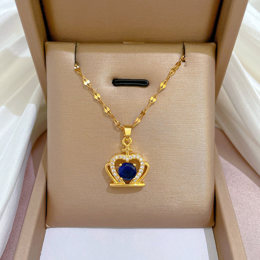 Collana pendente a corona blu di lusso da donna in acciaio al titanio con catena a medaglione geometrica con intarsio di zirconi