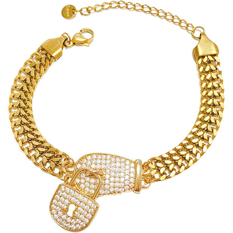 Rhinstone Inlaid Titanium Steel Cuban Link Chain Bracelet