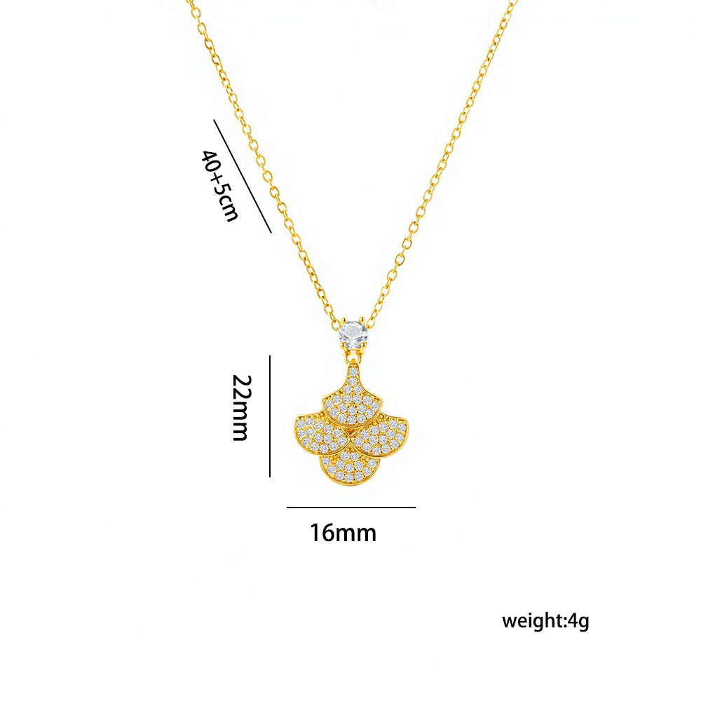 Collar de cobre con incrustaciones completas de circonitas y baño de oro real de 18 quilates para mujer, con diseño minimalista de lujo ligero en forma de abanico y falda