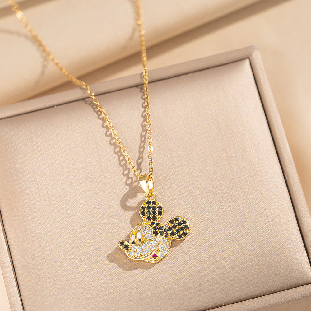 Collana con pendente di Topolino floreale di lusso da donna in acciaio al titanio con intarsio di strass e placcatura in oro su catena a serpente