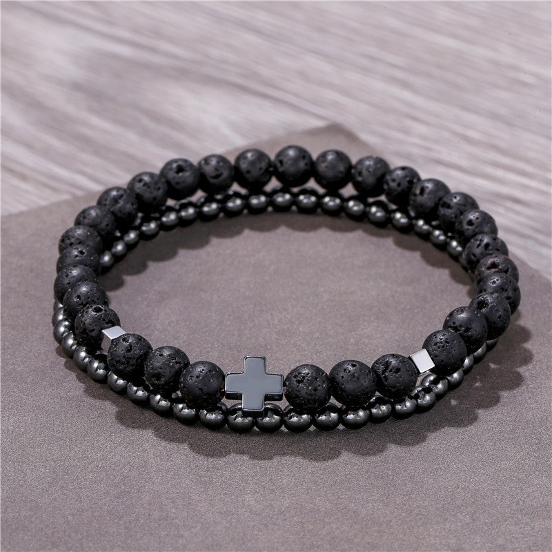 Fashion Geometric Hematite and Lava Stone Beaded Bracelet Set for Men and Women