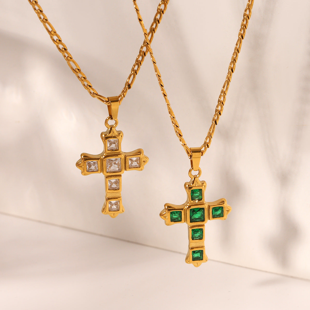 Minimalist Cross Pendant Necklace in Stainless Steel with Zircon Inlay on Figaro Chain for Women