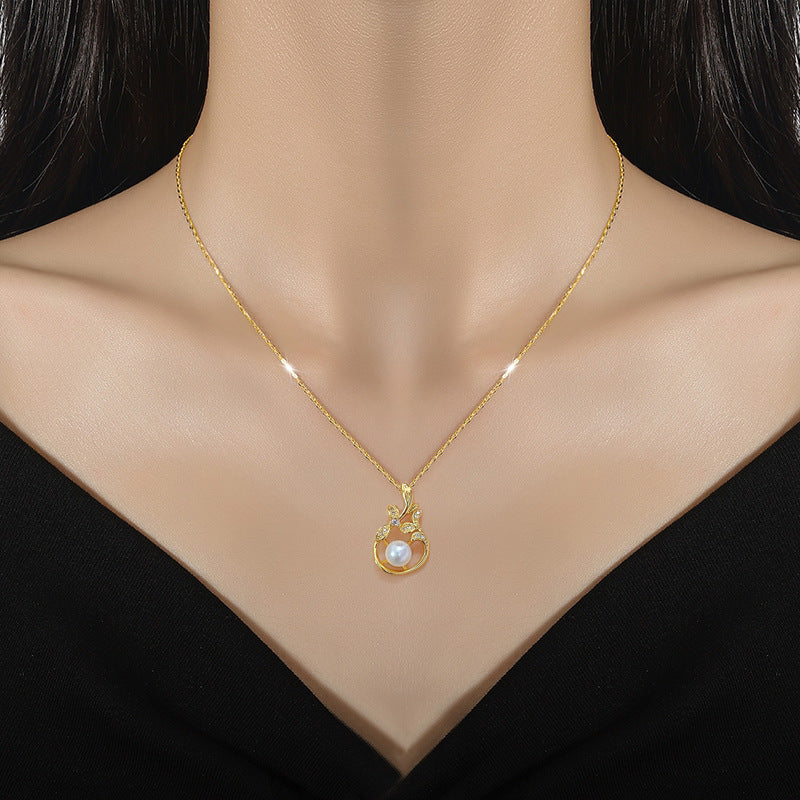 Minimalist Pearl Leaf Pendant Necklace for Women in Titanium Steel with Rhinestone Inlay and Geometric Design