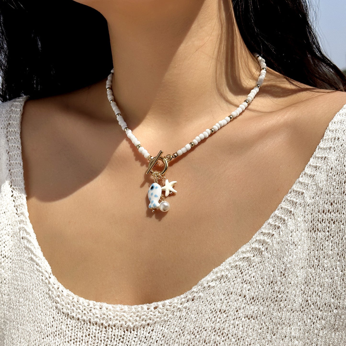 Bohemian Sweet Geometric Ceramic Resin Fish Starfish Turquoise Tassel Beaded Necklace for Women