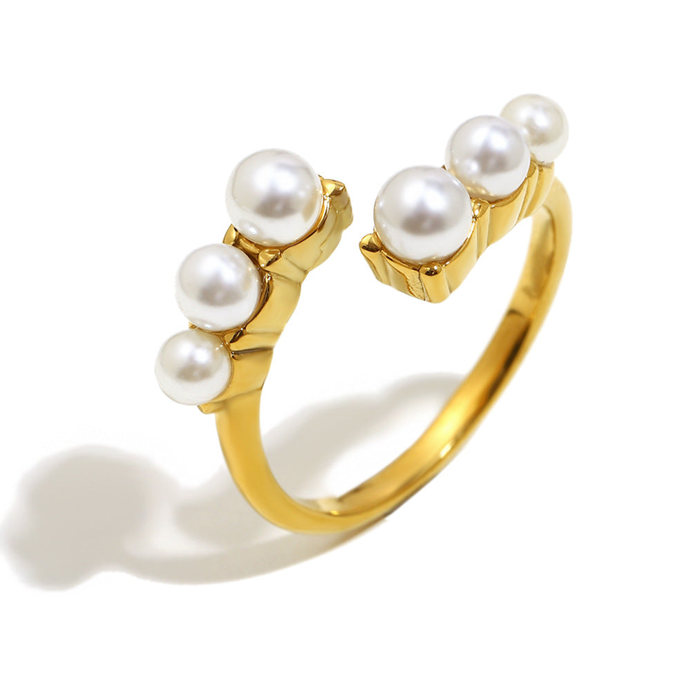 Anello Aperto Minimalista Geometrico Placcato Oro 18K in Acciaio Inossidabile da Donna con Finitura Simil-Perla