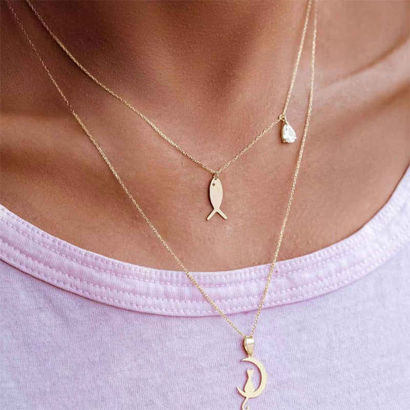 Vintage Gold Plated Moon and Cat Animal Shape Alloy Pendant Stainless Steel Cable Chain Necklace