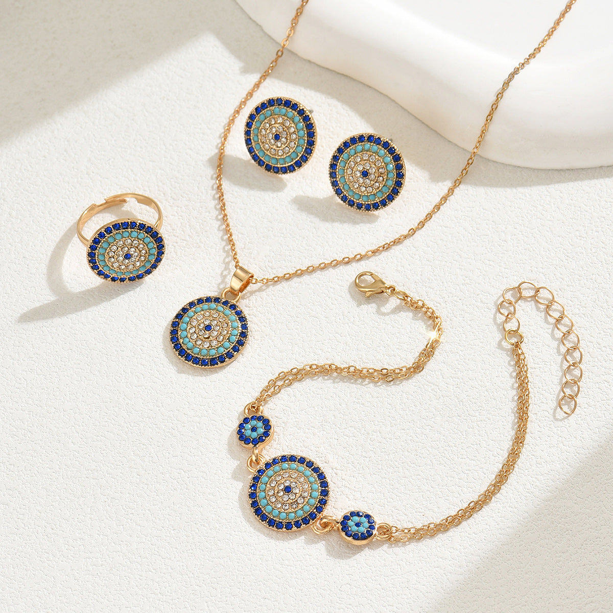 Conjunto de collar de aleación con pedrería geométrica redonda, pulsera de perlas y anillo abierto para mujer