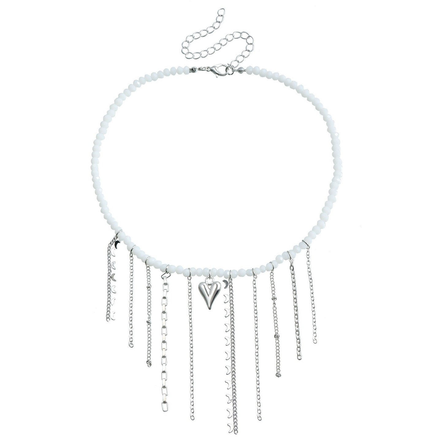 Fashionable Black Crystal Beaded Tassel Necklace with Heart Pendant in Plated Alloy for Women