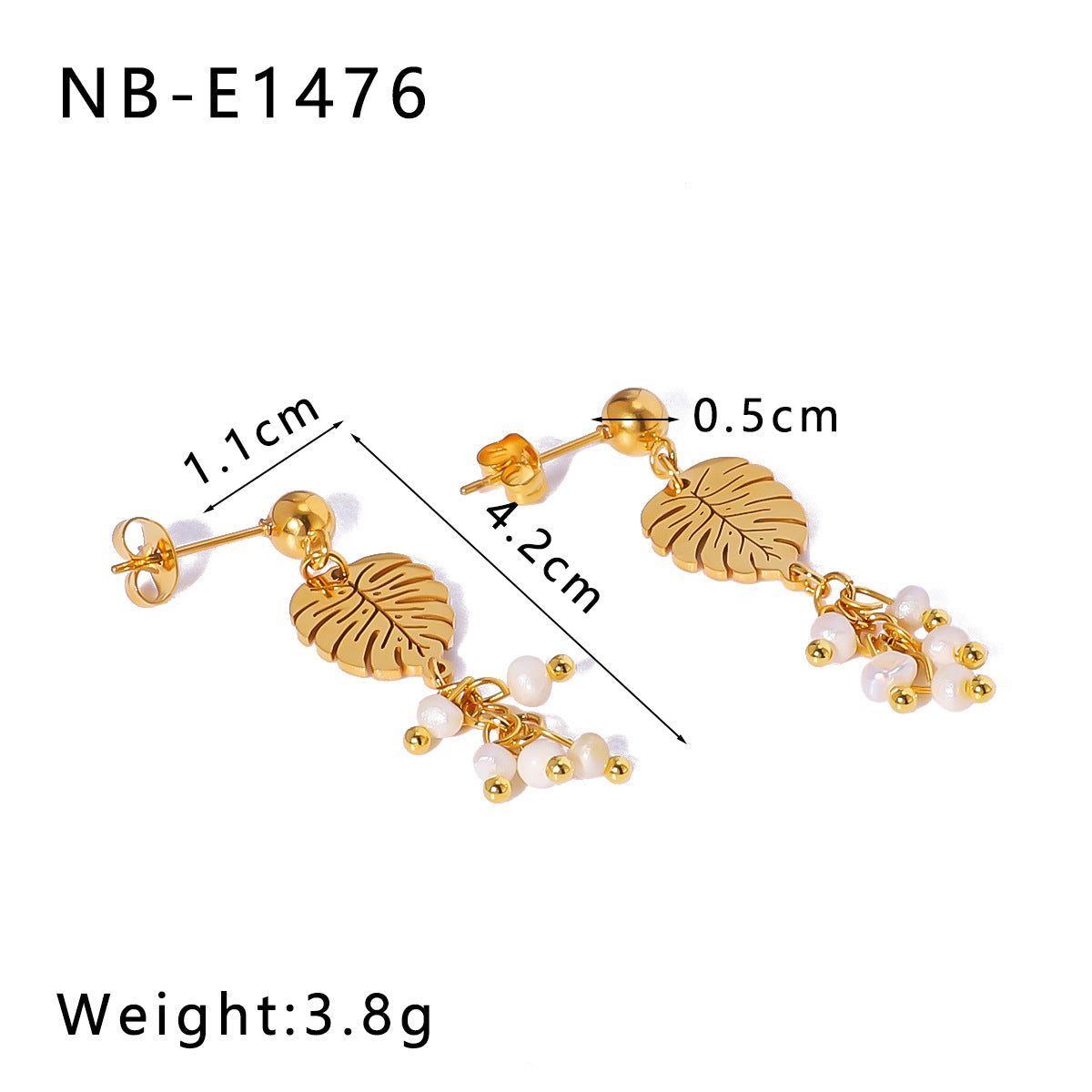 Pendientes Minimalistas de Acero Inoxidable en Forma de Hoja con Baño de Oro de 18K y Perla Natural Incrustada para Mujer
