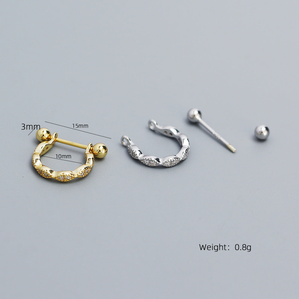 Sweet Streetwear 925 Sterling Silver Geometric Oval Cubic Zirconia Inlay Screw Thread Cartilage Earring