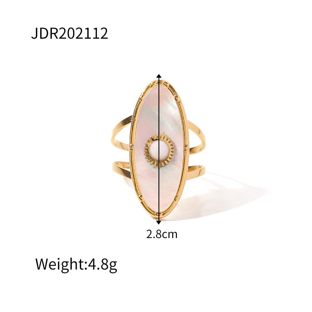 Vintage French Style 18K Gold Plated Stainless Steel Oval Mother of Pearl and Pearl Inlay Open Ring for Women