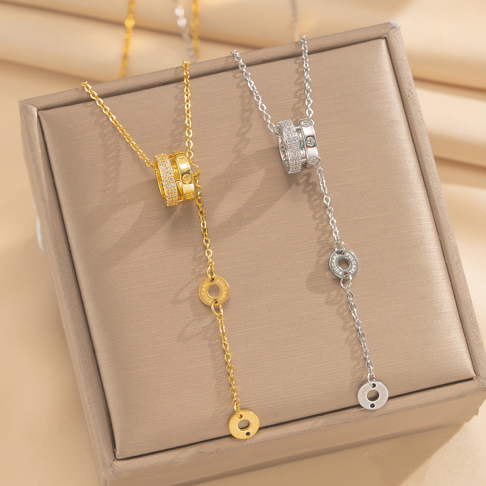 Light Luxury Minimalist Geometric Titanium Steel Necklace with 18K Gold Plated Copper and Zircon Pendant for Women