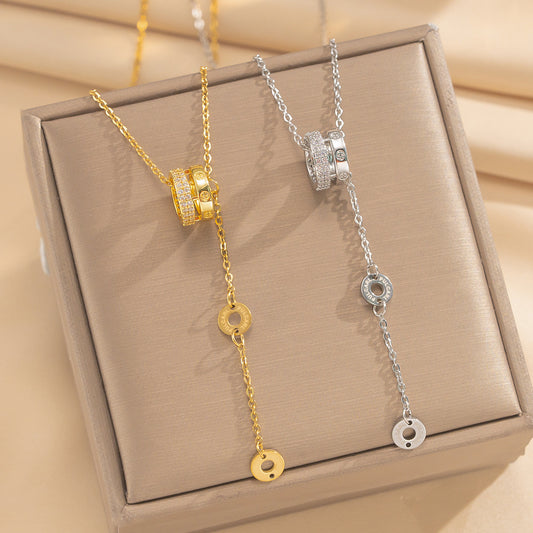 Light Luxury Minimalist Geometric Titanium Steel Necklace with 18K Gold Plated Copper and Zircon Pendant for Women