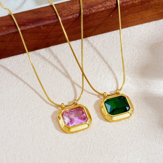 Vintage Geometric Square Round Rhinestone Inlay Gold Plated Stainless Steel Pendant Necklace with Snake Chain for Women