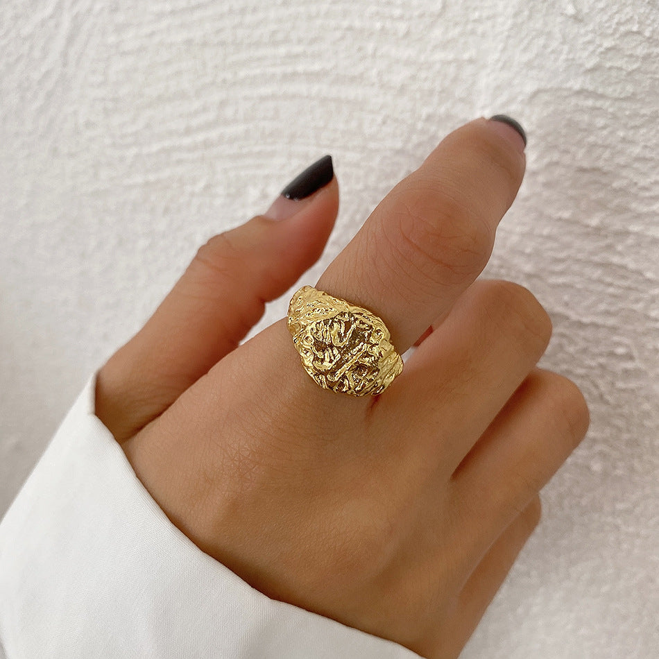 Minimalist Sweet Geometric Irregular Hammered Textured 925 Sterling Silver Ring for Women