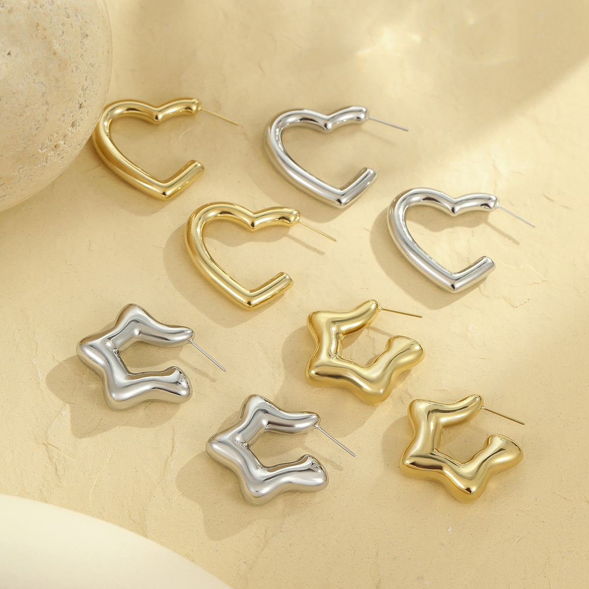 Pendientes de acero inoxidable con forma de estrella y corazón geométricos con baño de oro para mujer, elegantes para la oficina