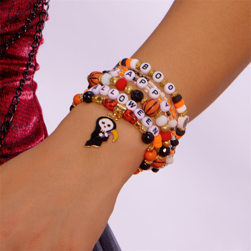 Juego de pulseras de aleación con dije de fantasma y calavera de Halloween dulce y atrevido con detalles de cuentas, regalo de festival unisex