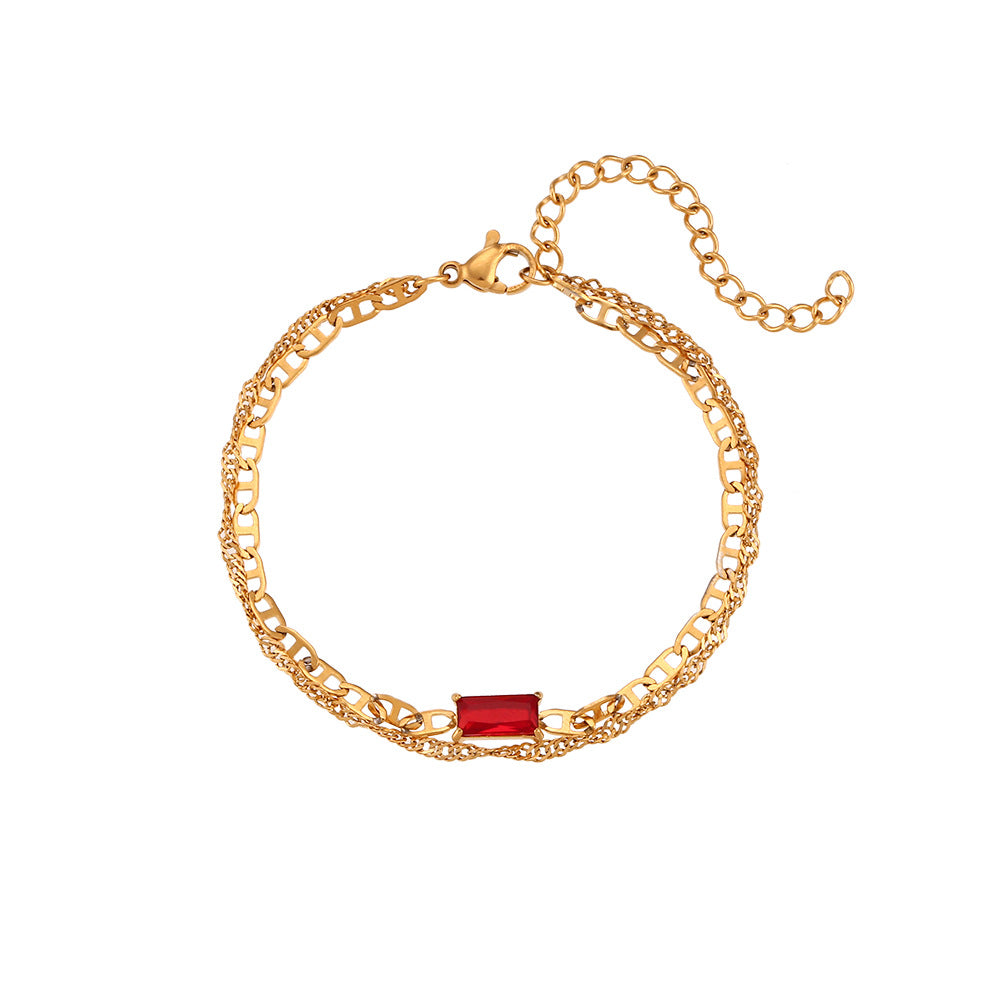Pulsera de doble capa de lujo minimalista con diseño de nariz de cerdo y olas en acero inoxidable con chapado en oro de 18 quilates y acentos de circonita rectangular