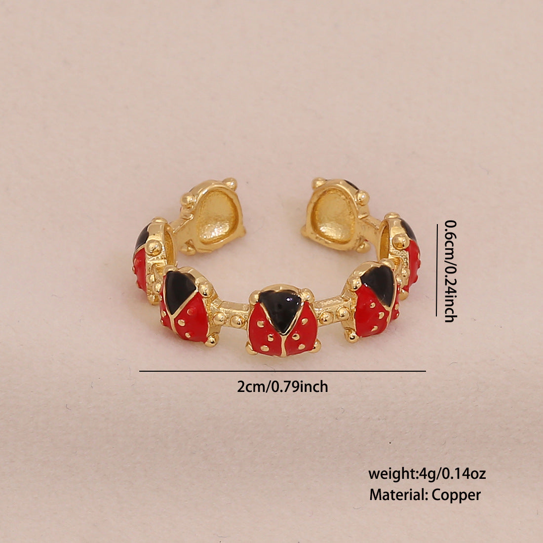 Cute Ladybug Ring in Copper with Enamel Finish for Women, Insect-Shaped Vintage-Inspired Jewelry
