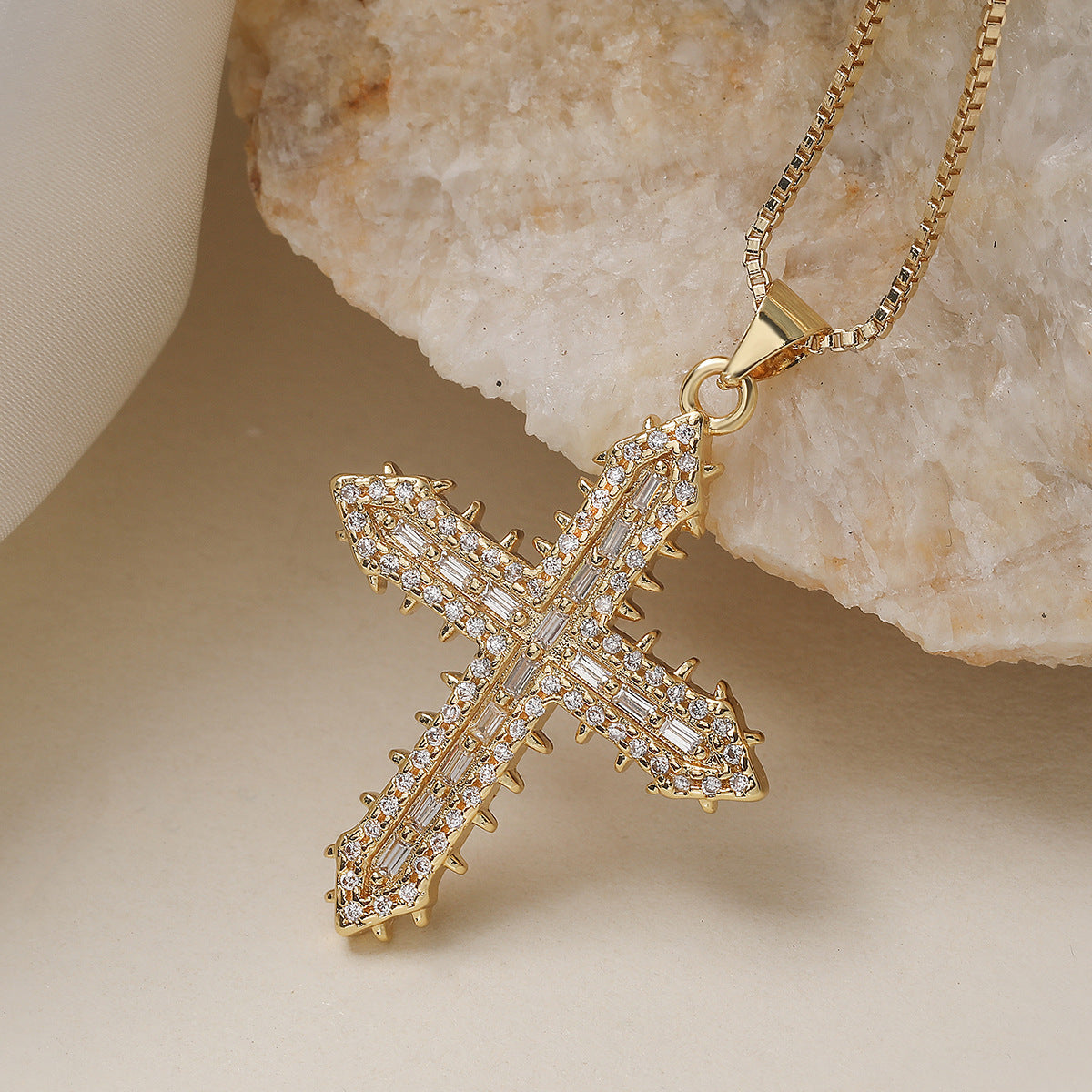 Minimalist Hip-hop 18K Gold Plated Brass Cross Pendant Necklace with Cubic Zirconia for Women