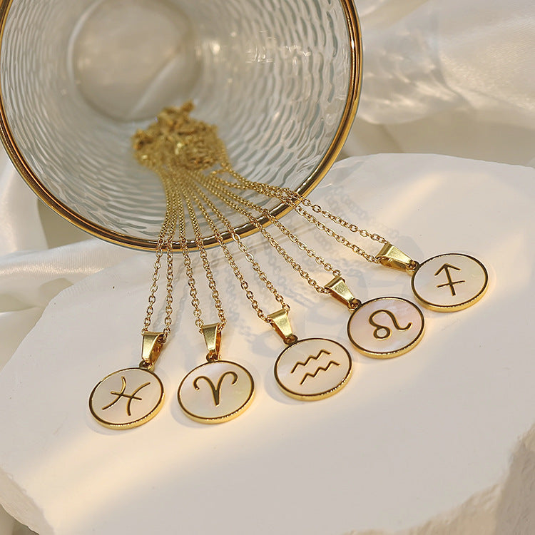 Collana con ciondolo zodiacale in stile INS in acciaio inossidabile con placcatura in oro 18 carati, catena a onda d'acqua, da donna