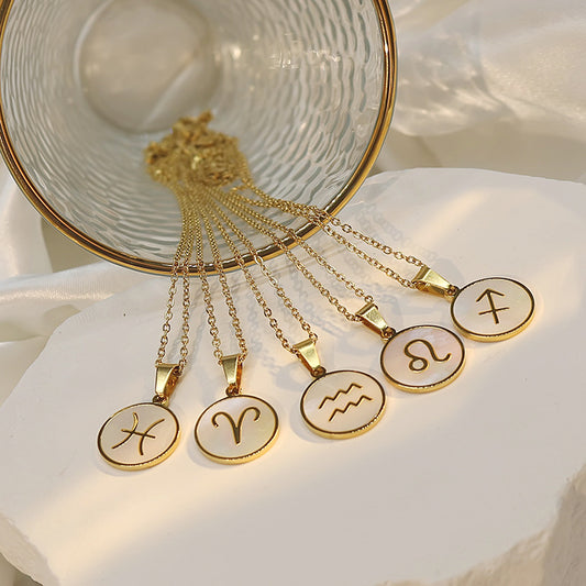 Collana con ciondolo zodiacale in stile INS in acciaio inossidabile con placcatura in oro 18 carati, catena a onda d'acqua, da donna