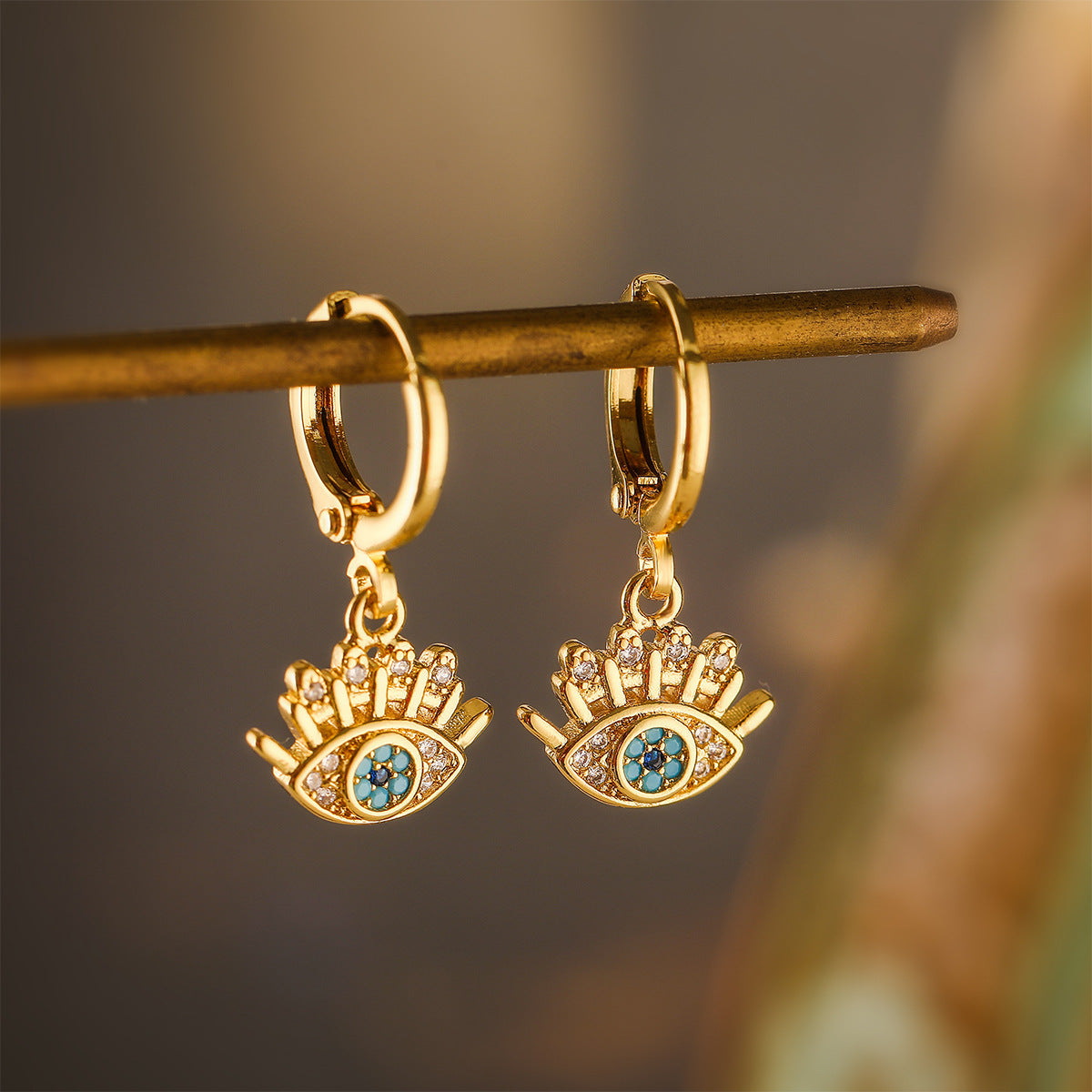 Minimalist Evil Eye Pendant Necklace and Earrings Set in Copper with 18K Gold Plating and Zircon Inlay
