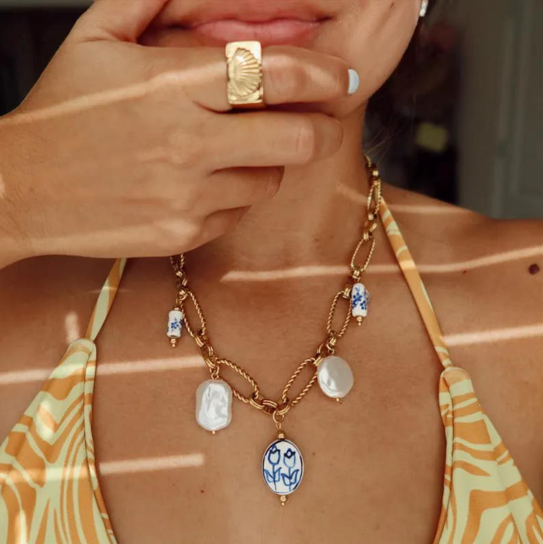 Streetwear Drip Oil Heart Stainless Steel Necklace with Imitation Pearl for Unisex