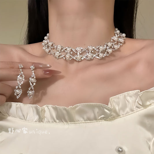 Elegant Luxury Pearl Necklace and Earrings Set with Rhinestone Inlay, Floral Pattern, Round Design, Alloy Pendant, Clavicle Chain, for Women