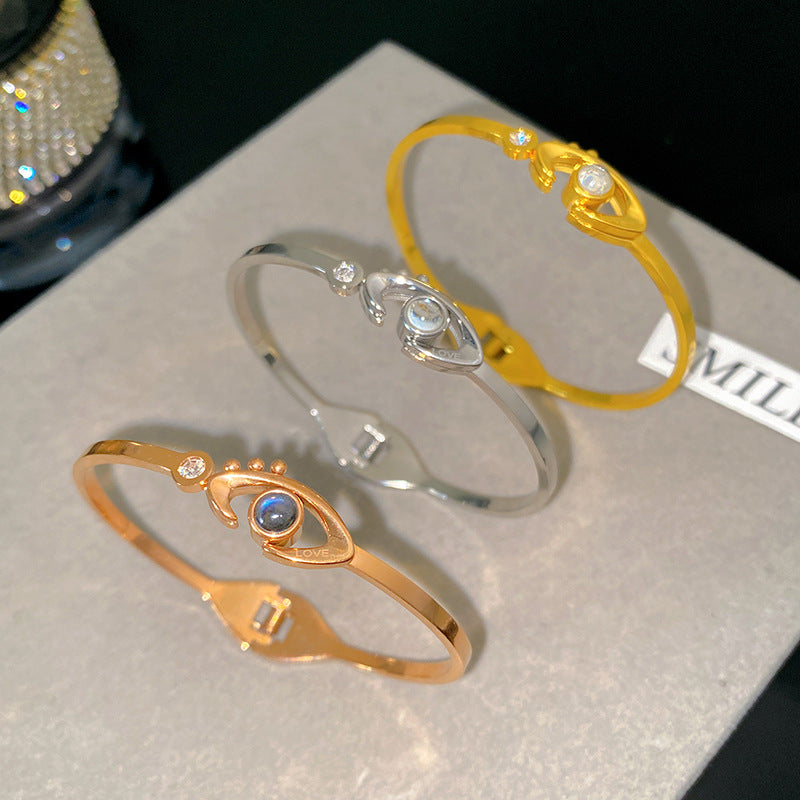 Rose Gold Plated Titanium Steel Evil Eye Projection Bracelet with 100 Languages I Love You Message Open Cuff