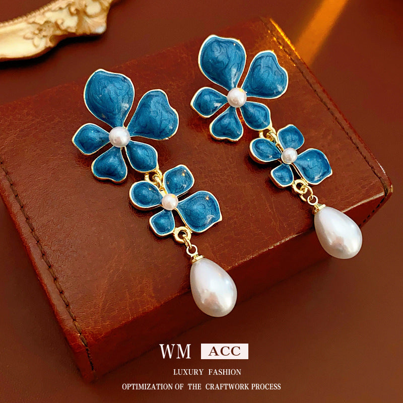 Orecchini Vintage da Donna con Perle a Fiori, Finitura Smaltata in Lega con Perni in Acciaio Inossidabile
