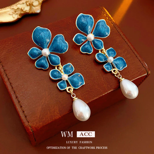 Orecchini Vintage da Donna con Perle a Fiori, Finitura Smaltata in Lega con Perni in Acciaio Inossidabile