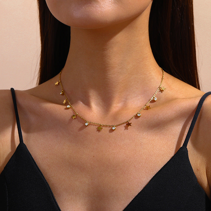Minimalist Rhinestone Inlaid Star and Butterfly Stainless Steel Pendant Necklace for Women