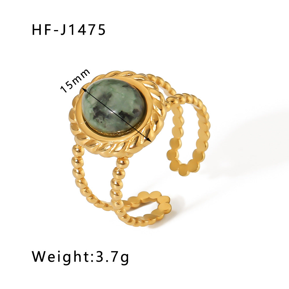 Vintage Geometric Round Emerald Green Natural Stone Stainless Steel Ring with 18K Gold Plating