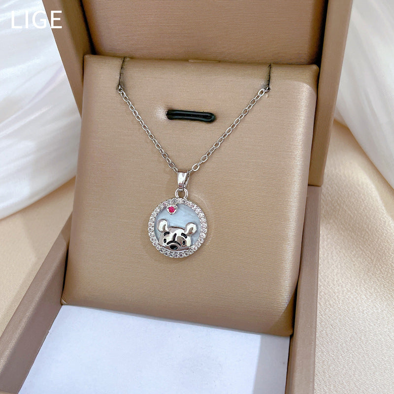 Luxury Rhinestone-Encrusted Bear Pendant Necklace in Titanium Steel with Enamel Finish Geometric Design for Women and Men