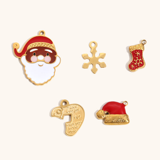 Ciondolo alla Moda a Forma di Cuore e Fiocco di Neve a Tema Natalizio con Cappello di Babbo Natale in Acciaio Inossidabile con Placcatura in Oro 18K per la Creazione di Gioielli Fai da Te