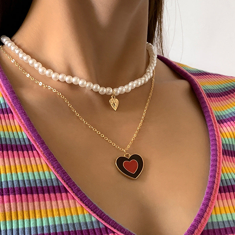 Vintage Hip-hop Sweet Geometric Heart Drip Oil Alloy Pendant Imitation Pearl Ball Chain Necklace for Women