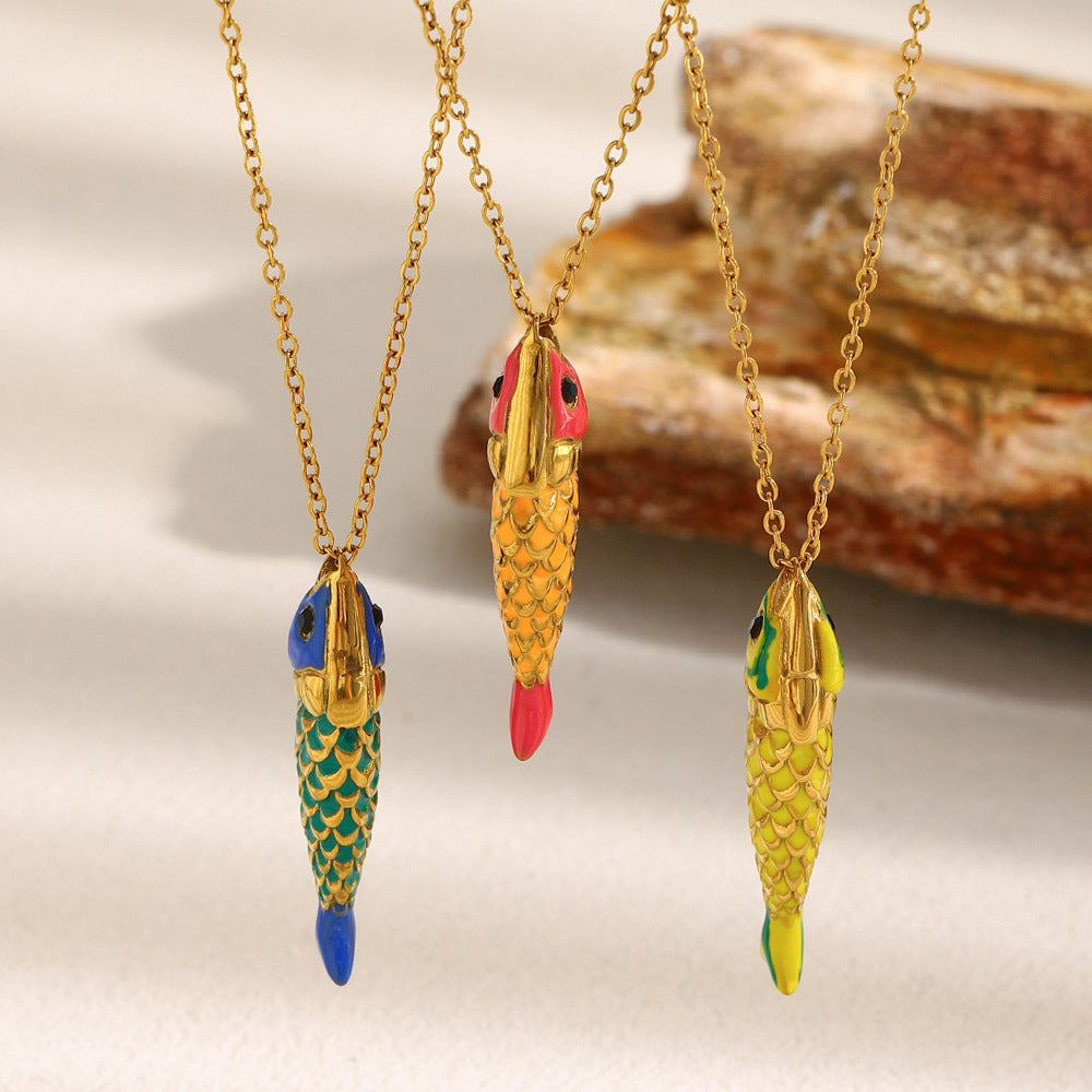 Luxury Minimalist Fish-Shaped Stainless Steel Plated 18K Gold Enamel Necklace for Women
