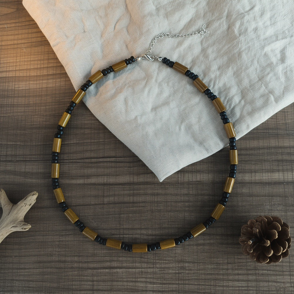 Bohemian Minimalist Geometric Wood and Turquoise Pendant Stainless Steel Ball Chain Necklace for Men and Women