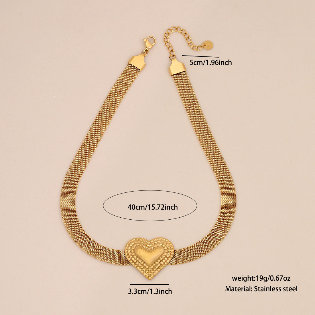 Bold French Mesh Heart and Star Pendant Necklace in Titanium Steel with Plated Finish for Women