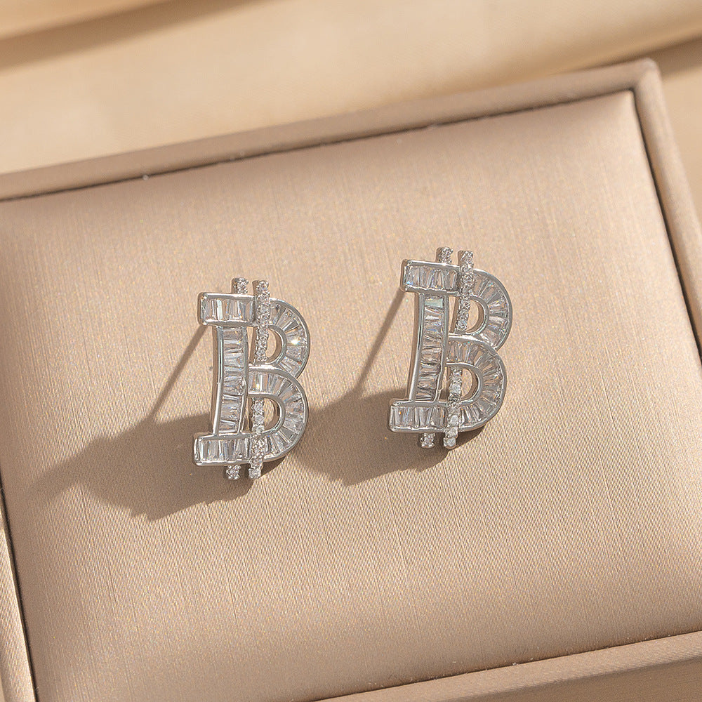 Minimalist Fashionable Letter B Rhinestone-Set Earrings and Necklace with Titanium Steel Plating and Copper Pendant on Cross Chain for Women