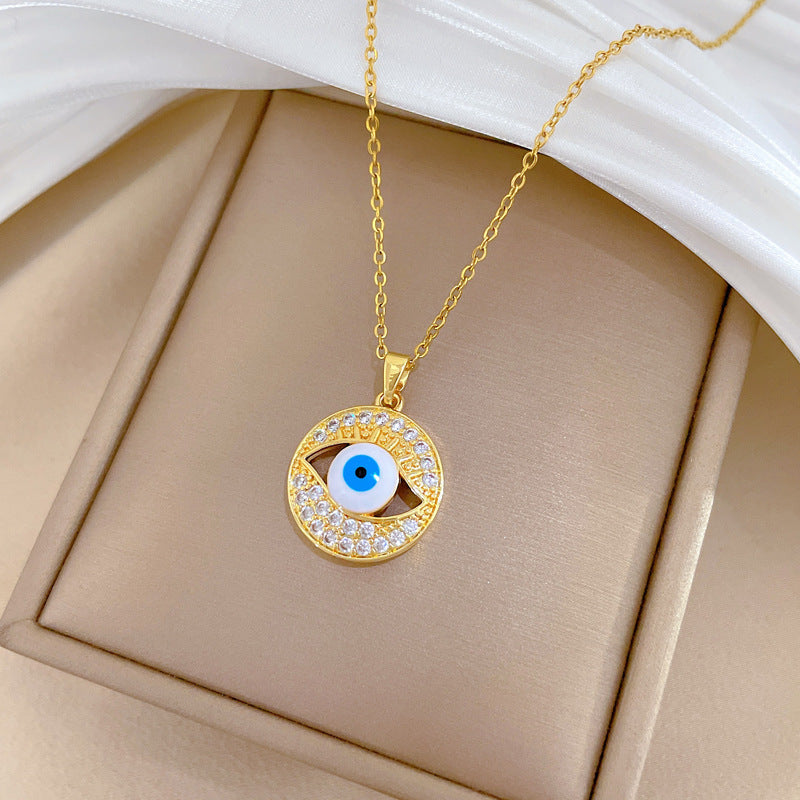 Sweet Luxury Geometric Moon Rhinestone Pendant Titanium Steel Necklace for Unisex