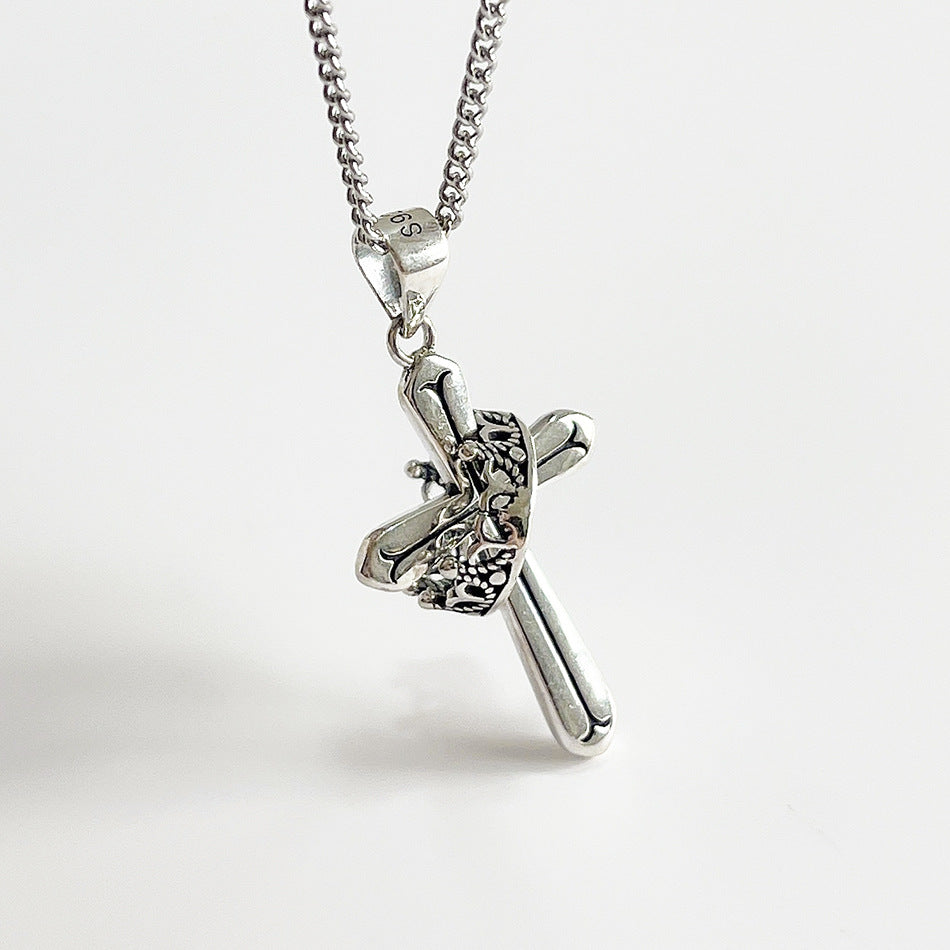 Collar con cadena de bolas y colgante de cruz coronada minimalista de plata de ley 925 bañada en oro para mujer