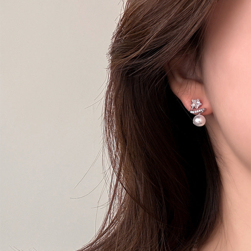 Elegantes pendientes de perlas geométricas en forma de estrella con incrustaciones de circonitas para mujer, uso diario, oficina, joyería de lujo chic