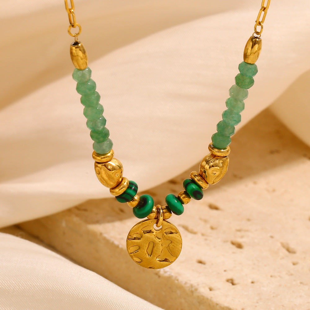 Minimalist Geometric Round Hammered Texture Pendant Necklace in Stainless Steel with 18K Gold Plating for Women